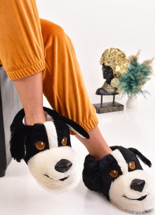 Unisex Köpek Figürlü Gri Taba Peluş Panduf Hayvanlı Ev Botu