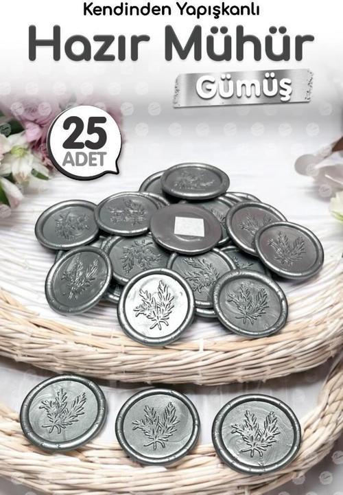 Hazır Mum Mühür Kendinden Etiketli Yapışkanlı Mum Mührü 25 Adet  Gümüş Mühür-T1216