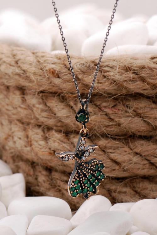 Kök Zümrüt ve zirkon Taşlı Semazen Elişi Gümüş Kolye 174