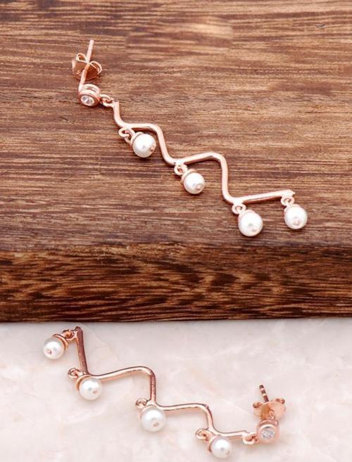 İnci Taşlı Rose Gümüş Zigzag Tasarım Küpe 2154