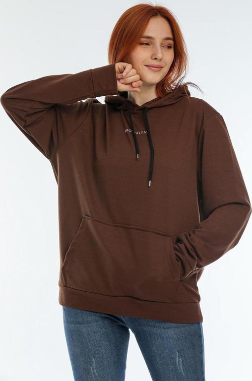 Süperlife Kadın Kapüşonlu Oversize Brooklyn Baskılı İnce Sweatshirt SPR22SWK161