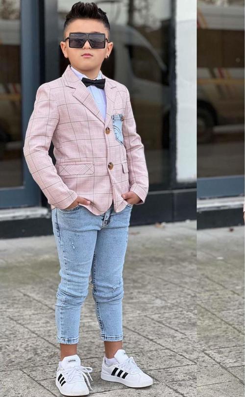 Erkek Çocuk Çizgili Blazer Ceket Kot Pantolon Pudra Şeker Alt Üst Takım