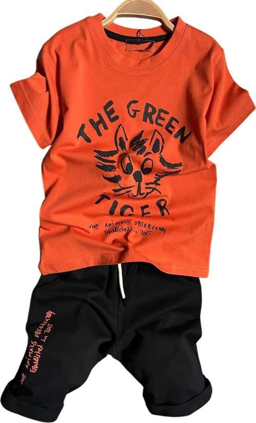 Erkek Çocuk Kedi ve Yazı Baskılı Turuncu T-Shirt Şortlu Takımı