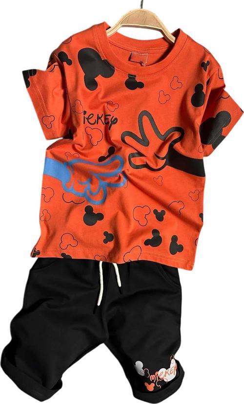 Erkek Çocuk Parmak ve Ayıcık Baskılı Turuncu T-Shirt Şortlu Takım