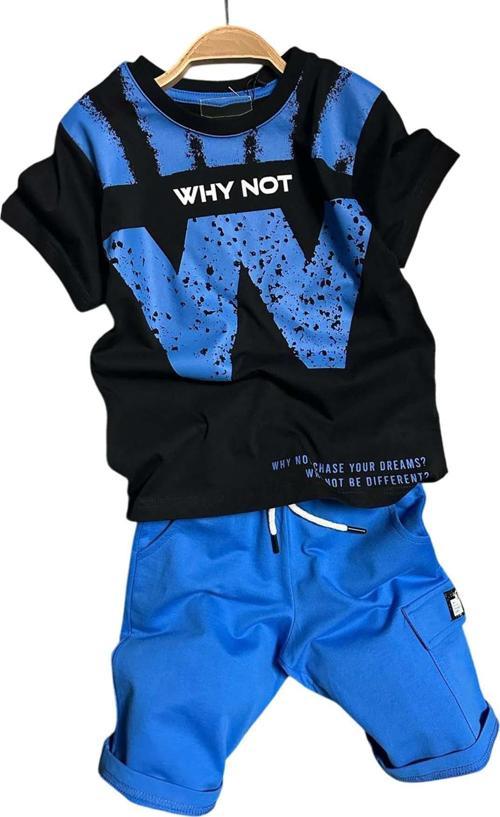 Erkek Çocuk W Harf Why Not Baskılı T-Shirt Mavi Şortlu Takım