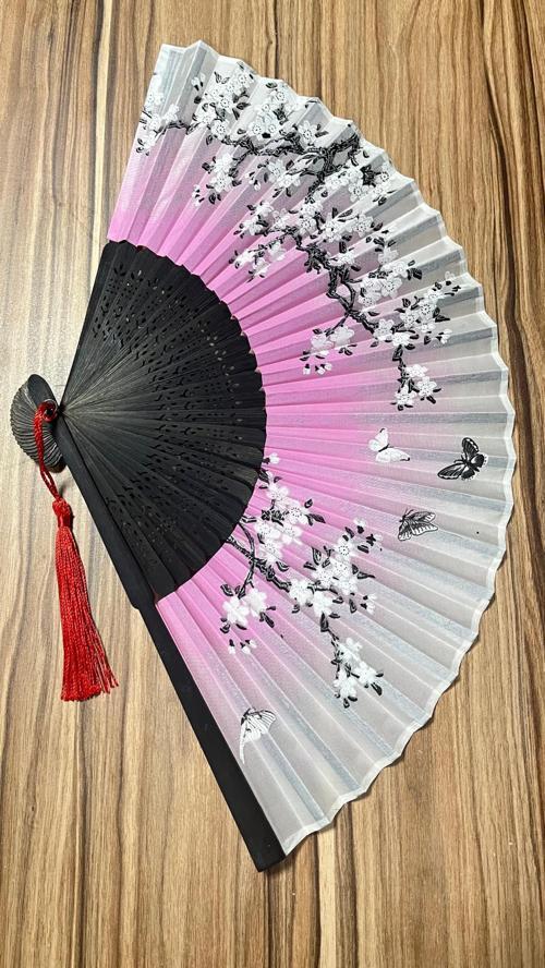 - Bambu Pembe Çiçek Desenli Şık Japon Yelpaze Lüks Özel Tasarım A505A