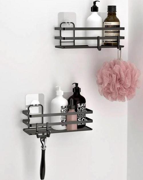 Banyo Düzenleyici Yapışkanlı Metal Banyo Rafı İkili Duş Rafı Organizer Şampuanlık Mat Siyah-GNRL282