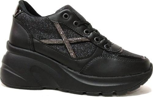 Siyah Gümüş Yüksek Topuklu Bağcıklı Sneakers Spor Ayakkabı