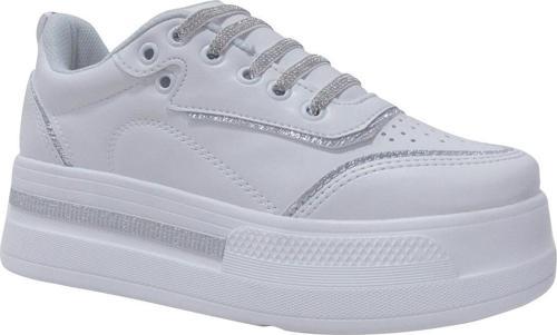Beyaz Gümüş Yüksek Topuklu Lastik Bağcıklı Sneakers Spor Ayakkabı