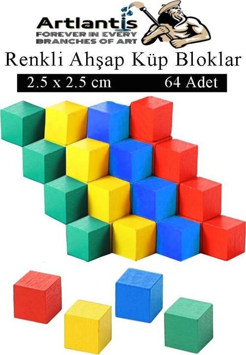 Renkli Ahşap Küp Bloklar 2.5x2.5 cm 64 Adet Ahşap Renkli Kare Blok Eğitici Geliştirici Oyuncak Küp Matematik Birim Küp