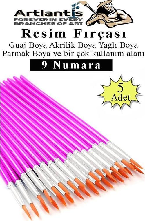Resim Fırçası 9 Numara 5 Adet Yuvarlak Uçlu Sentetik Resim Fırça Ekonomik Suluboya Akrilik Boya Guaj Boya Yağlı Boya