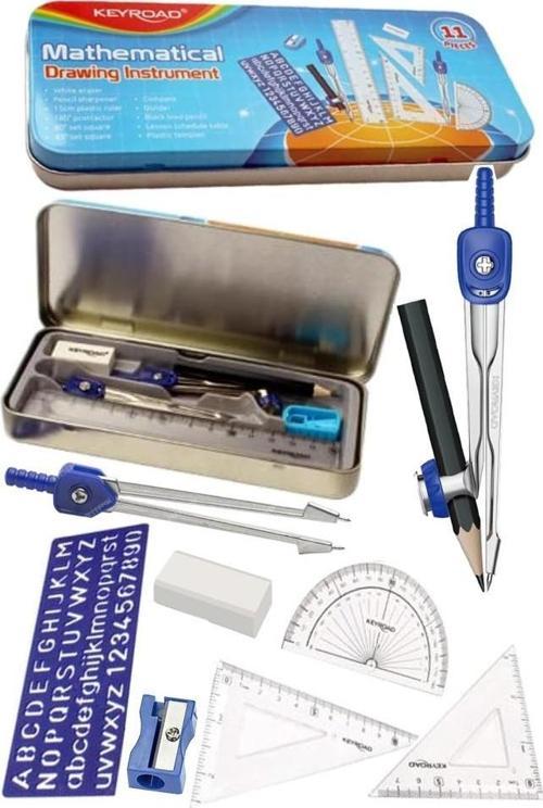 Teknik Çizim Seti 11 Parça Keyroad Metal Pergel Gönye Açı Ölçer İletki Harf Şablonu Metal Kutulu 971708