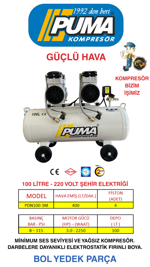 100 LİTRE YAĞSIZ SES DESİBELİ DÜŞÜK KOMPRESÖR (3 HP)