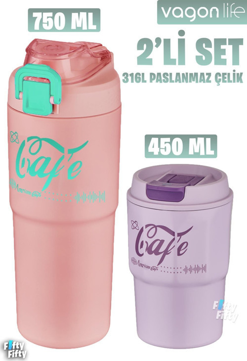 2'li Çelik Termos-Kahve Bardağı Seti 750ML Çift Kullanım Termos//450ML Mug Kahve Bardağı