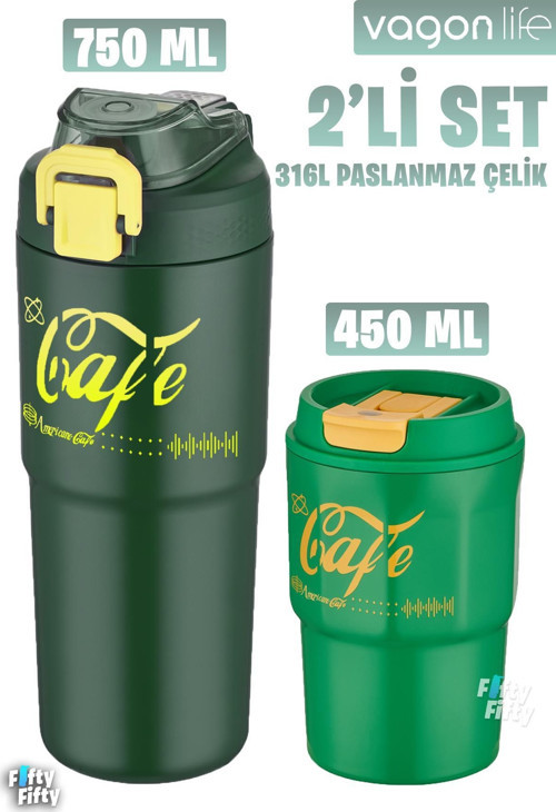 2'li Çelik Termos-Kahve Bardağı Seti 750ML Çift Kullanım Termos//450ML Mug Kahve Bardağı