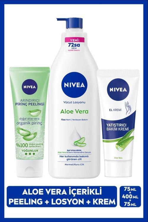Aloe Vera El Bakım Kremi 75ml, Yoğun Nemlendirici Vücut Losyon 400ml, Arındırıcı Pirinç Peeling 75ml
