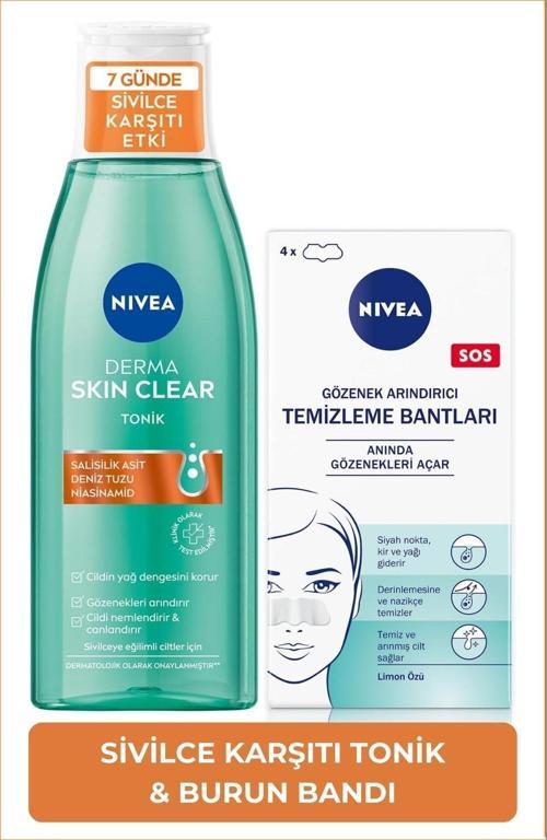 Derma Skin Clear Sivilce Karşıtı Tonik 200ml ve T-Bölgesi Siyah Nokta Temizleyici Burun Bandı