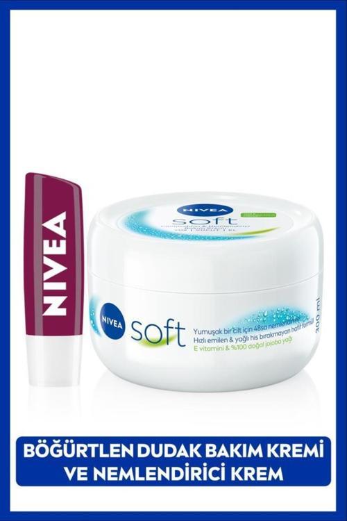 Soft Nemlendirici Vücut Kremi 300ml Ve Böğürtlen Dudak Bakım Kremi 4.8gr, Bordo Işıltı, Doğal Yağlar