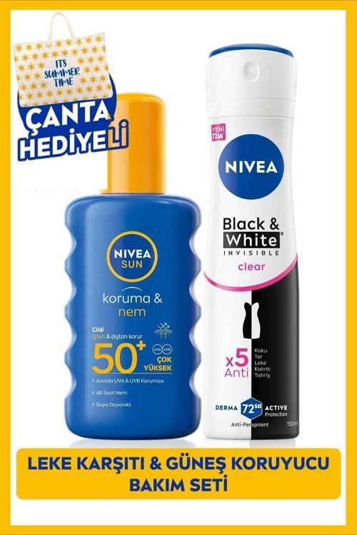 SUN SPF50 Güneş Koruyucu Sprey 200ml ve Kadın Sprey Deodorant Black&White Invisible Clear 150ml