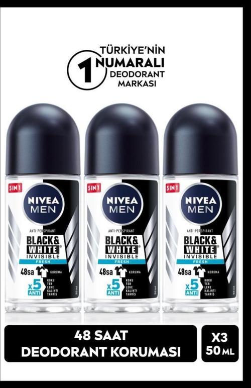 Men Erkek Roll-on Deodorant Black&white Fresh 50ml, 48 Saat Koruma, X3 Adet
