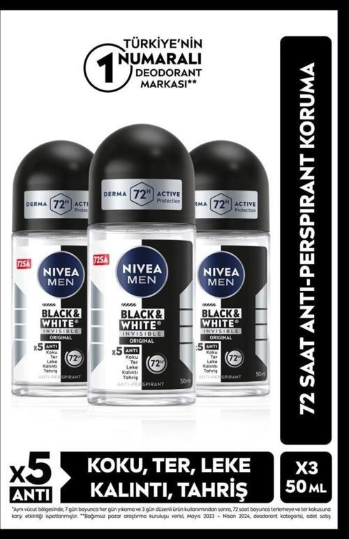 Men Erkek Roll-on Deodorant Black&white Original 50ml, 48 Saat Koruma, X3 Adet