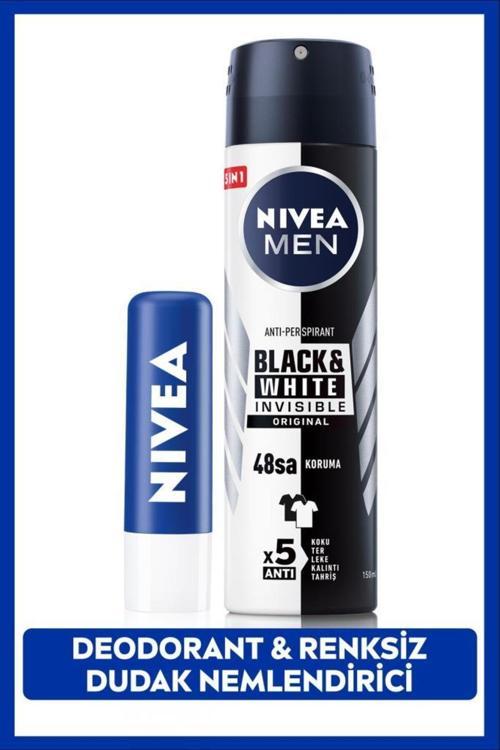MEN Erkek Sprey Deodorant Black&White Invisible Original 150ml ve Original Care Renksiz Dudak Kremi