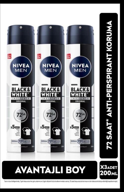 MEN Erkek Sprey Deodorant Black&White Invisible Original 200ml, 72 Saat Anti-perspirant, X3 Adet
