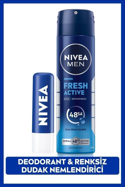 MEN Erkek Sprey Deodorant Fresh Active 150ml ve Original Care Nemlendirici Renksiz Dudak Bakım Kremi