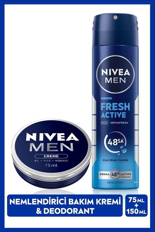 MEN Erkek Nemlendirici Krem 75ml ve Sprey Deodorant Fresh Active 150ml, Ter Kokusuna 48 Saat Koruma