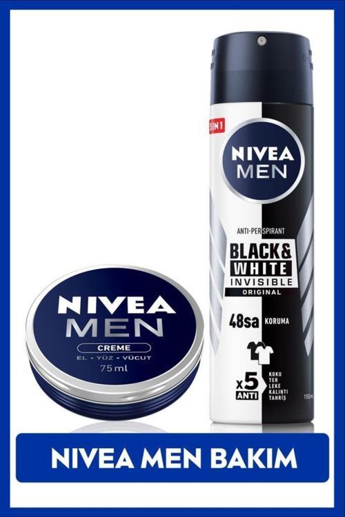 MEN Sprey Deodorant Black&White Invesible Original 150ml ve Nemlendirici Erkek Bakım Kremi 75ml