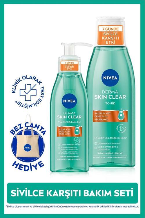 Derma Skin Clear Sivilce Karşıtı Yüz Temizleme Jeli 150ml ve Nemlendirici Tonik 200ml, Çanta Hediye