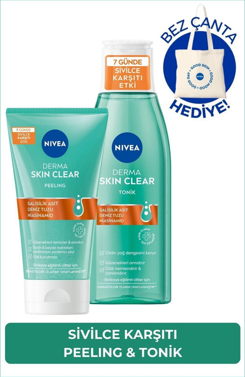 Derma Skin Clear Karşıtı Yüz Temizleme Peeling 150ml, Nemlendirici Tonik 200ml, Çanta Hediye