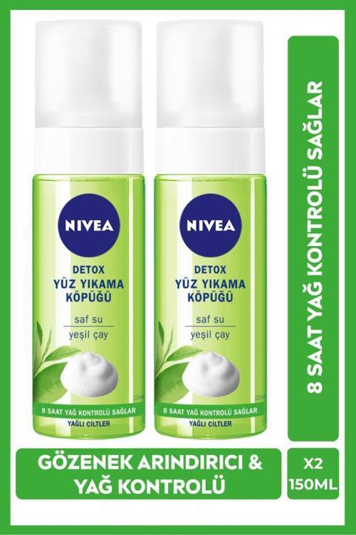 NIVEA Detox Yüz Temizleme Köpüğü 150ml, Arındırıcı, Yağ Kontrolü, Yeşil Çay, Yağlı Ciltler, Yüz Bakım, X2 Adet