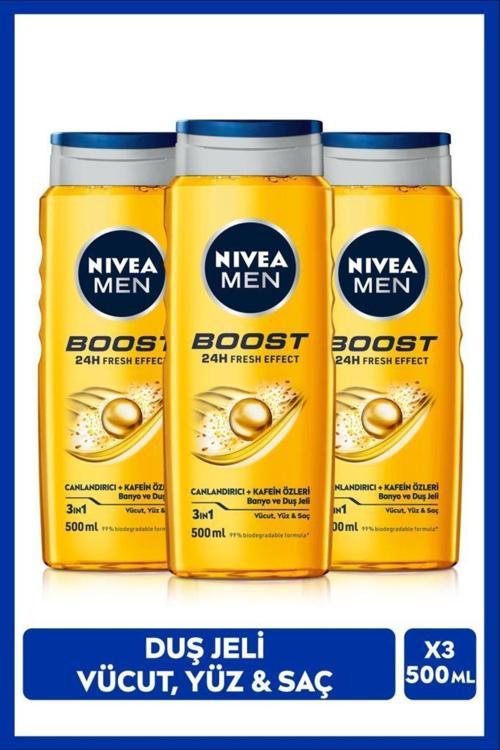 MEN Erkek Duş Jeli Boost 500ml, Vücut Yüz Saç, Nane Özleri, Kafein ile Canlandırıcı Bakım, X3 Adet