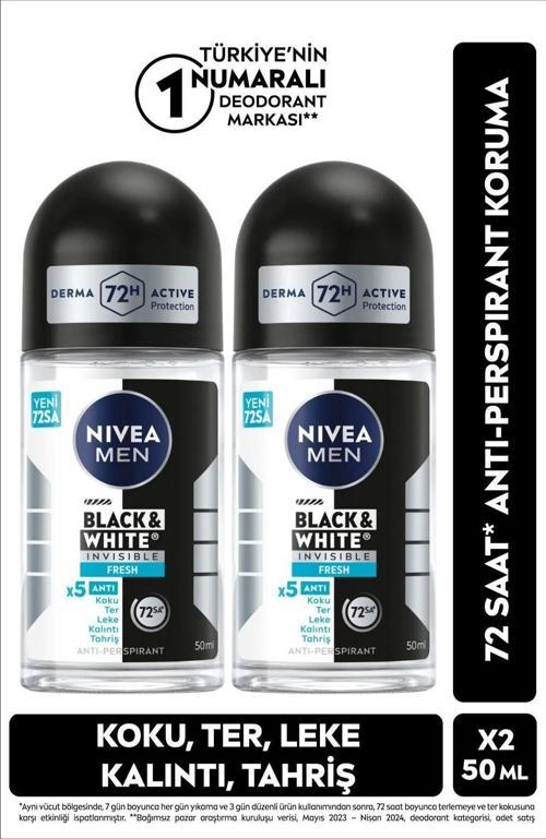 Men Invisible Black & White Fresh Erkek Deodorant Roll-on 50 ml 2'li
