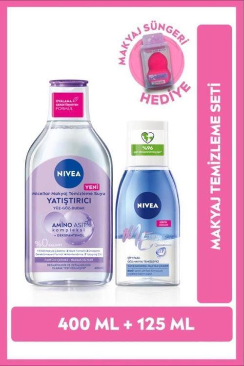 Çift Fazlı Göz Makyaj Temizleyici, Yatıştırıcı Micellar Makyaj Temizleme Suyu 400ml, Sünger Hediyeli