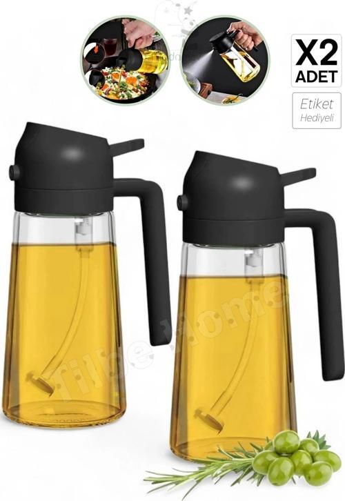 2 Adet Çift Fonksiyonlu Cam Yağdanlık 450ml Zeytinyağı Sıvıyağ Şişe Airfryer Sprey Yağlık Sirkelik