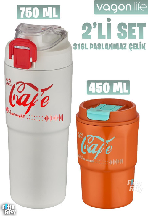 2'li Çelik Termos-Kahve Bardağı Seti 750ML Çift Kullanım Termos//450ML Mug Kahve Bardağı
