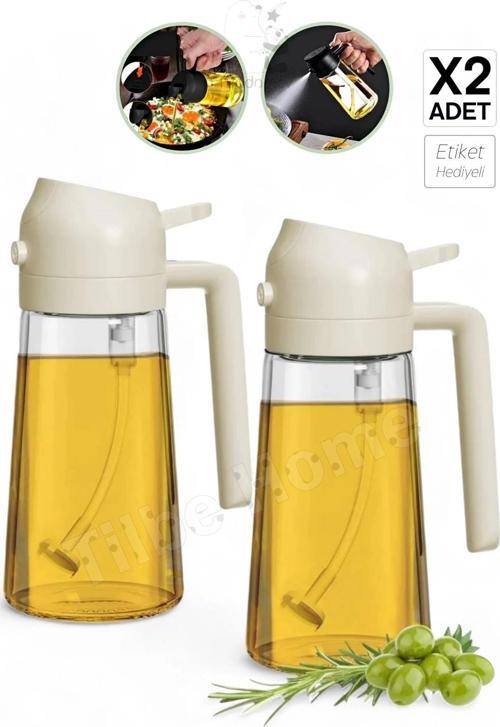 2 Adet Çift Fonksiyonlu Cam Yağdanlık 450ml Zeytinyağı Sıvıyağ Şişe Sprey Airfryer Yağlık Sirkelik