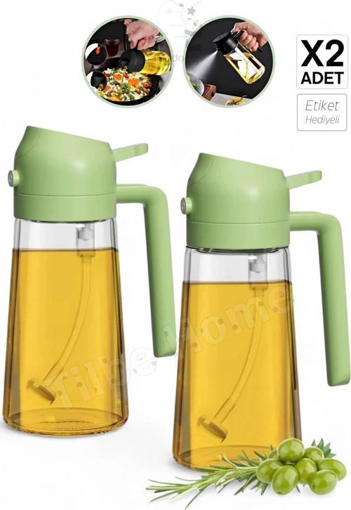 2 Adet Çift Fonksiyonlu Yağdanlık 450ml Zeytinyağı Sıvıyağ Cam Şişe Sprey Airfryer Yağlık Sirkelik