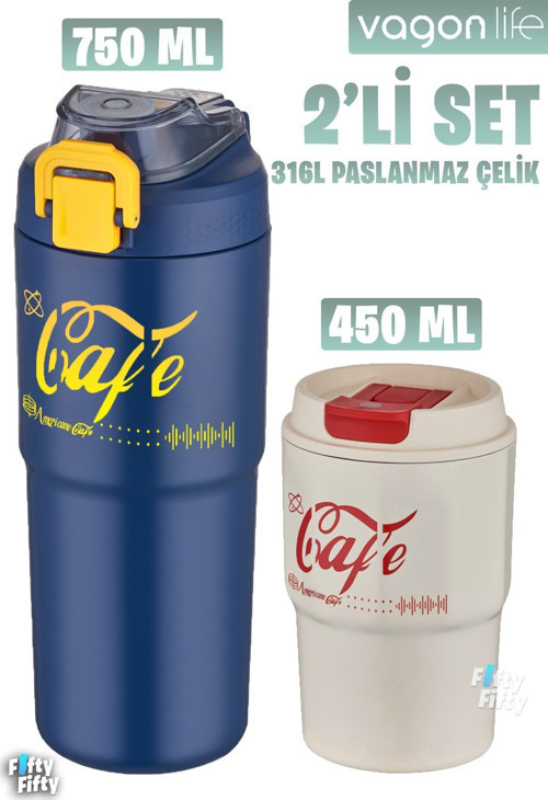 2'li Çelik Termos-Kahve Bardağı Seti 750ML Çift Kullanım Termos//450ML Mug Kahve Bardağı