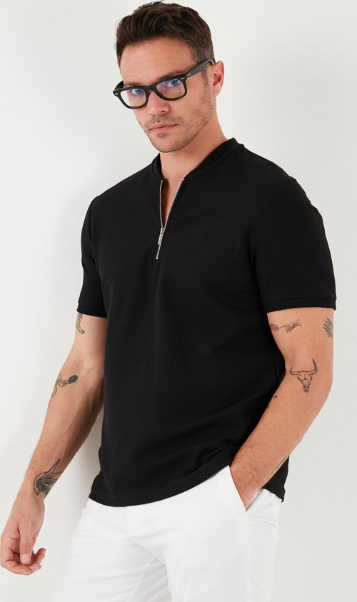 Pamuklu Regular Fit Yarım Fermuarlı Erkek T Shirt 5902653 SİYAH