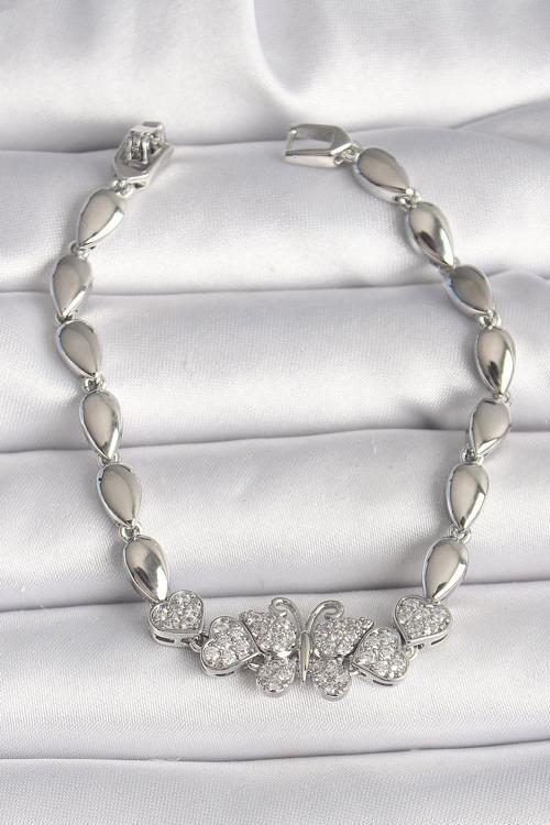 Pirinç Gümüş Renk Zirkon Taşlı Kelebek Figür Damla Zincir Model Kadın Bileklik - EBJ250308W31950