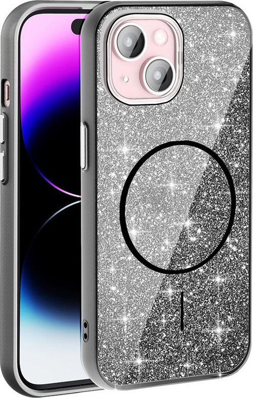 iPhone 15 Kılıf Magsafe Şarj Özellikli Parlayan Simli Okso Kılıf