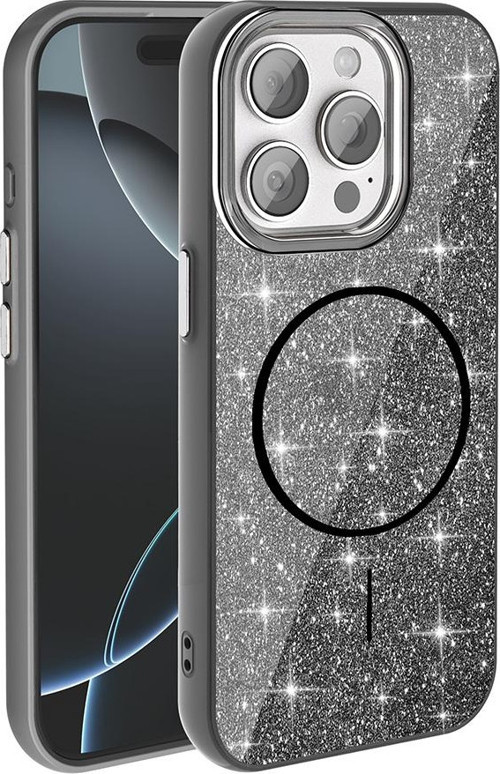 iPhone 15 Pro Max Kılıf Magsafe Şarj Özellikli Parlayan Simli Okso Kılıf
