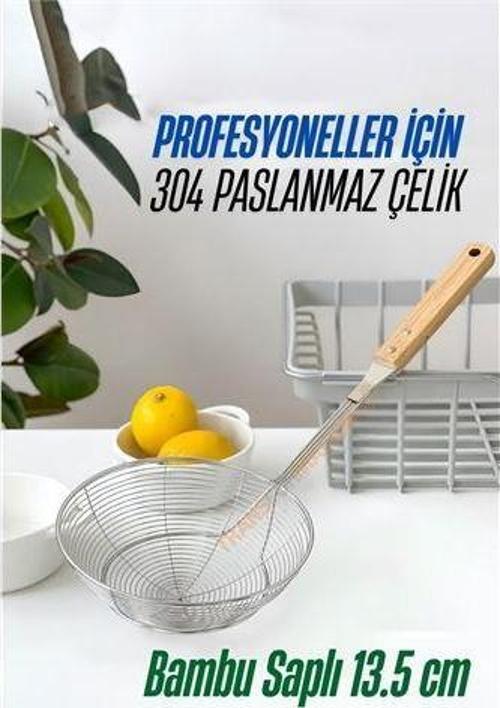 Bambu Saplı Kevgir Süzgeç 304 Paslanmaz Çelik 13.5 cm