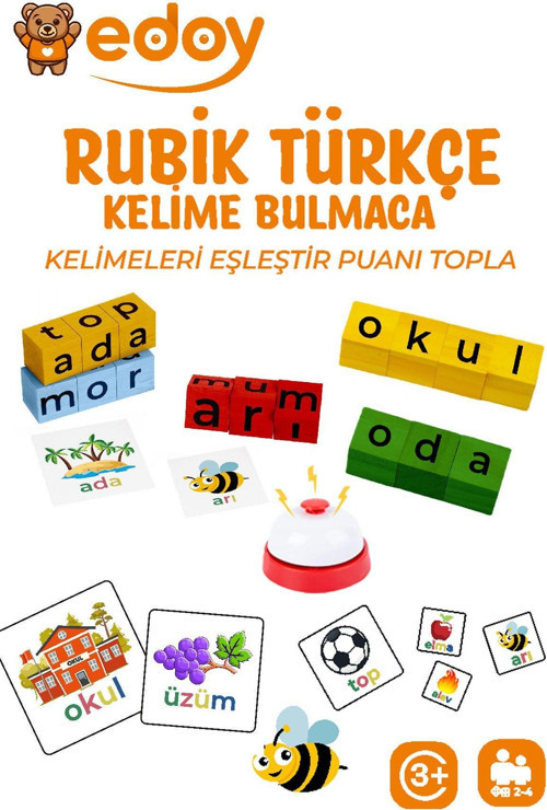 Montessori Eğitici Oyuncaklar - Türkçe Bulmaca Oyunu 16 Küp 40 Türkçe Kart Ve Zil Eğitici Oyuncak