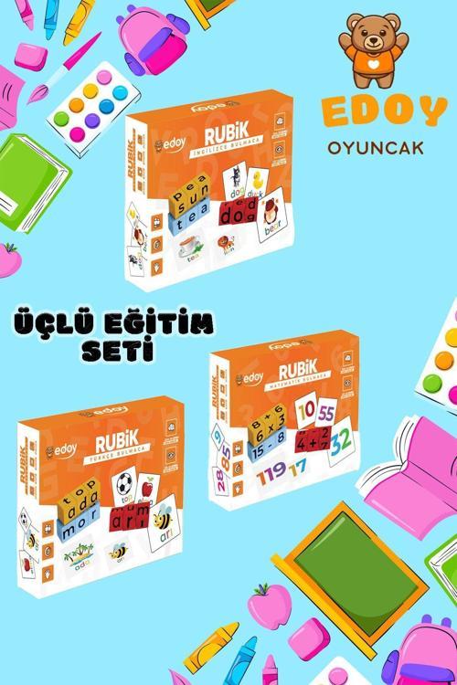 Montessori Eğitici Üçlü Oyun Seti-Rubik Matematik-Türkçe-İngilizce Bulmaca Kutu Oyunu Eğitim Seti