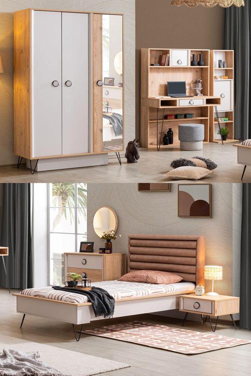 Dolunay Genç Odası - 3 Kapılı Dolap, Karyola, Komodin, Şifonyer, Masa, Kitaplık