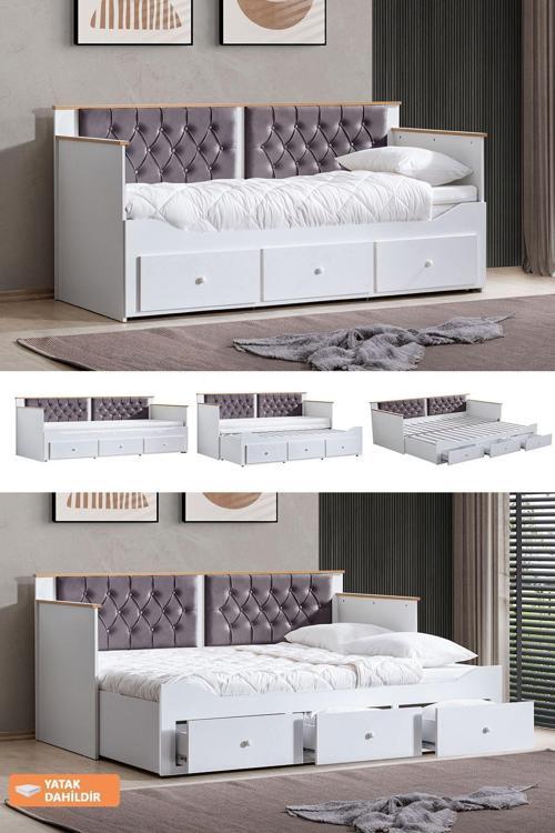 Yavrulu Karyola, Alaçatı Divan Karyola Çekmeceli Açılır Çift Kişilik Karyola Soft Yatak